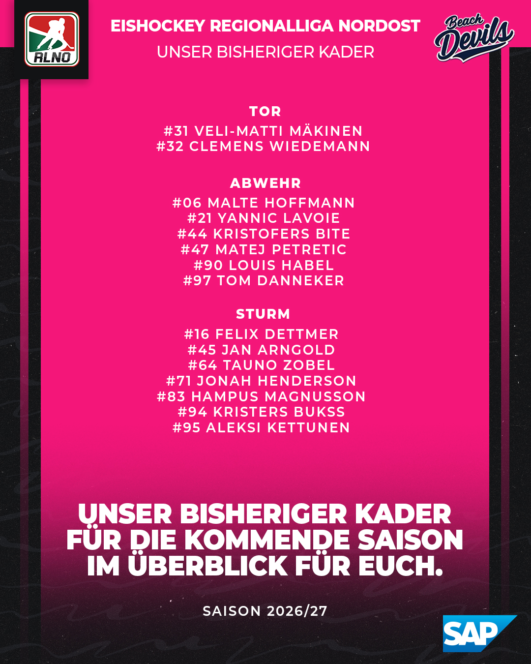 Unser bisheriger Kader für die kommende Saison im Überblick für euch.