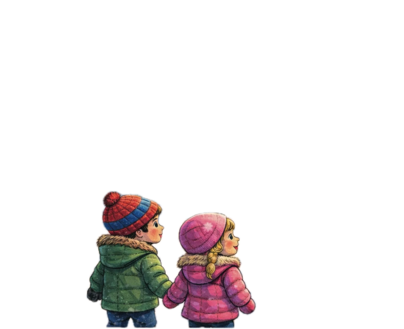 Ben und Emma gehen Hand in Hand durch den Schnee zur Eishalle