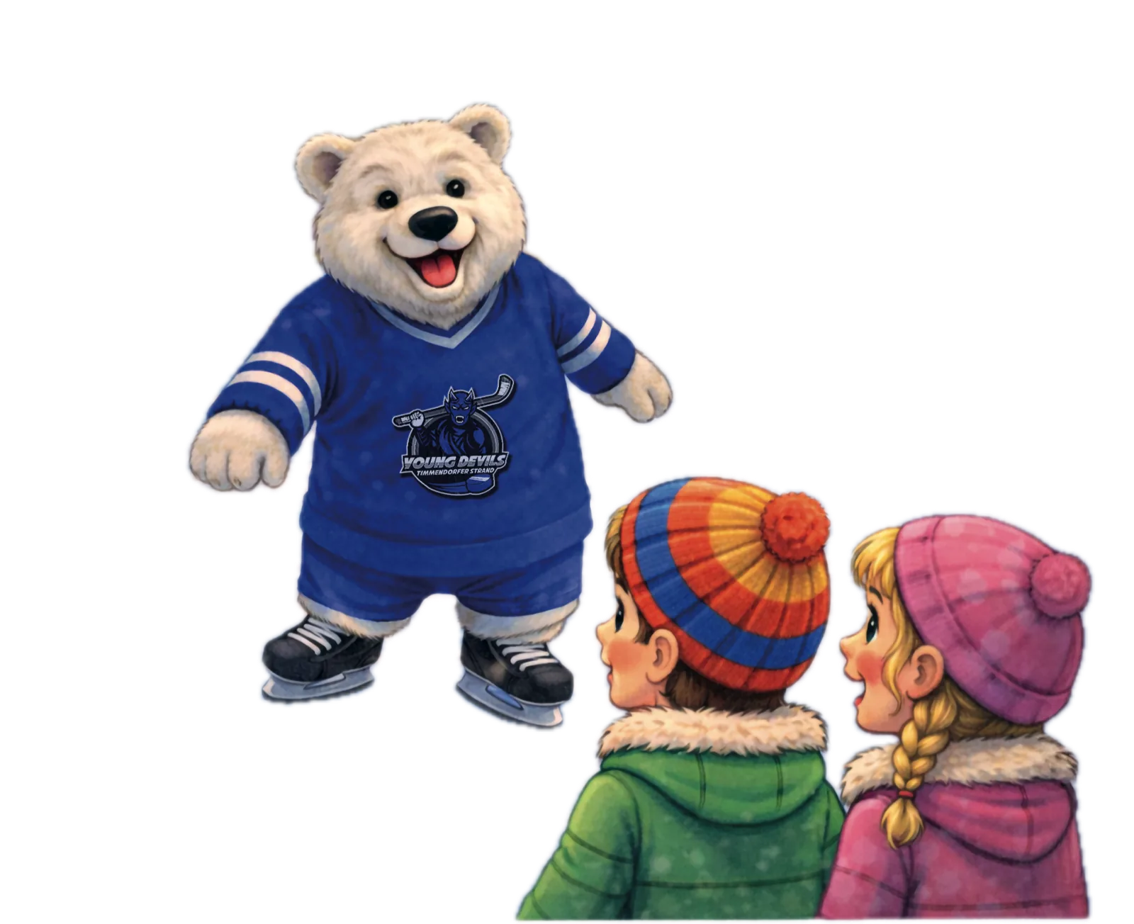 Ein großer Eisbär im Young-Devils-Trikot kommt auf Ben und Emma zu