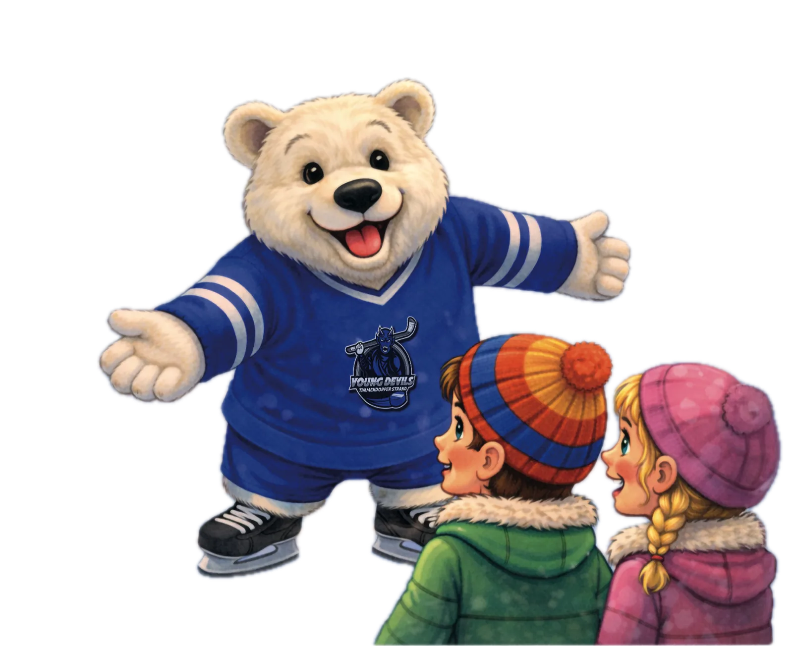 Eisbär Timmy begrüßt Ben und Emma mit offenen Armen
